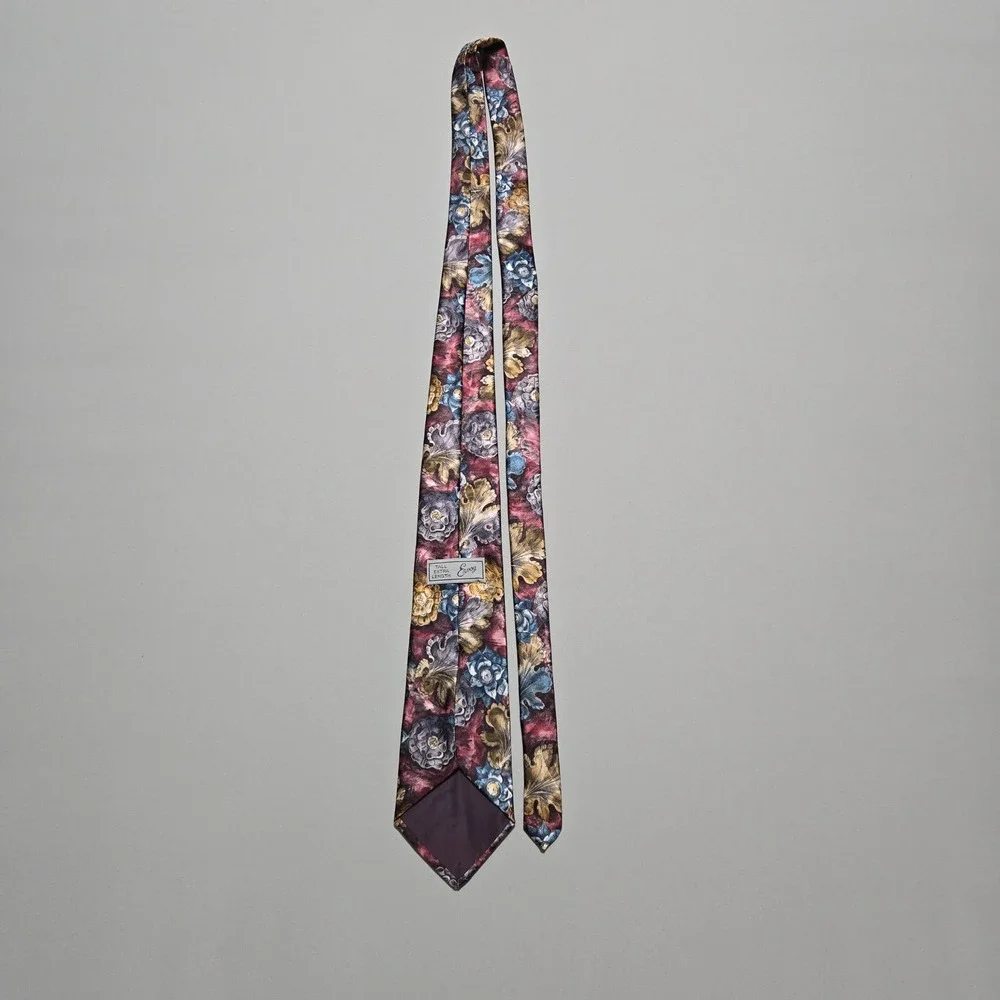 Envoy Floral Necktie Tall Floral Burgundy Gold Blue Botanical 4x63 Satin Sheen